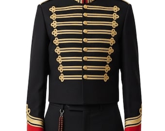 Black Hussar Jacket, Gold Braided Military Style Cropped Coat, Red Cuff Detail