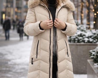 Women Long Puffer Coat | Fur Hood Winter Warm Padded Jacket | Quilted Parka