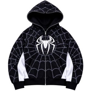 Black White Spider Graphic Zip Up Hoodie flat lay product front clean background