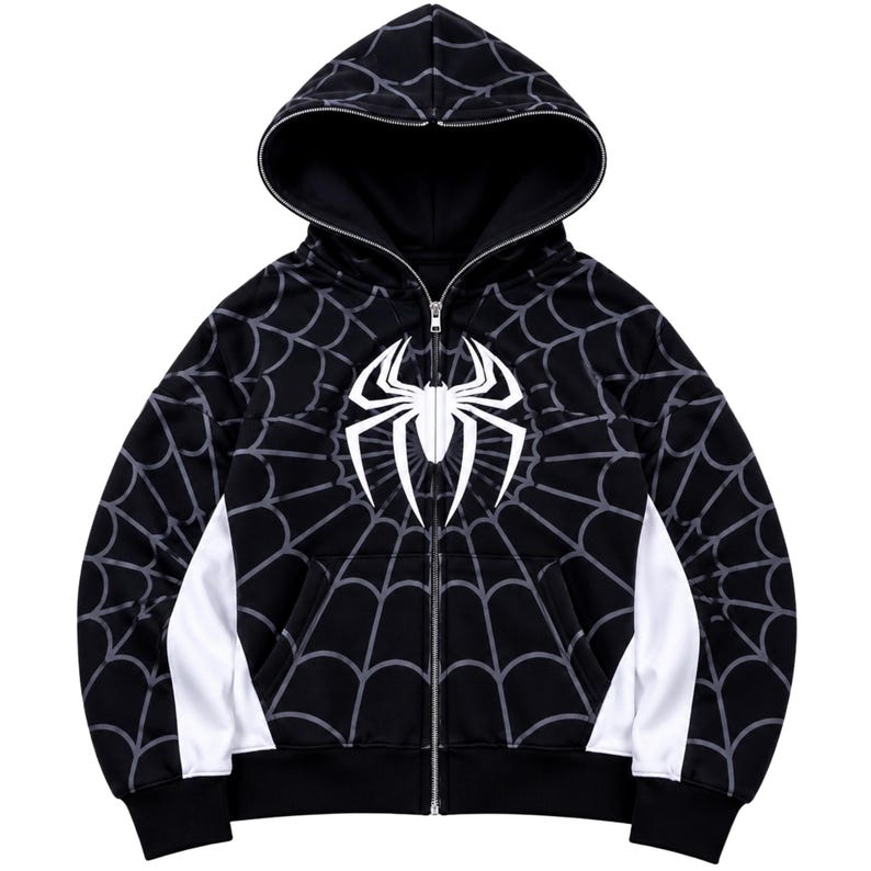 Black White Spider Graphic Zip Up Hoodie flat lay product front clean background