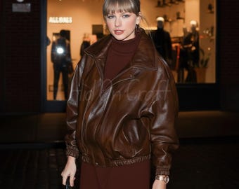 Oversized Brown Leather Bomber Jacket | Glossy Vintage Moto Style | Winter Real Leather Coat | Trendy