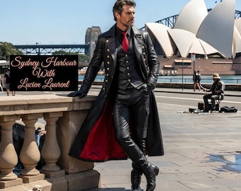Mens Black Real Leather Trench Coat, Victorian Military Style, Gothic Steampunk Masquerade Outfit