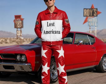 MGK Lost Americana Jacket and Pants Set | Red & White Leather Bomber Outfit Men | Celebrity Inspired Costume