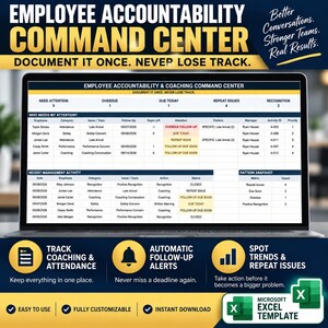 Puede incluir: Una pantalla de portátil que muestra una plantilla de hoja de cálculo Employee Accountability Command Center. La interfaz incluye secciones para el seguimiento de la asistencia, el coaching y la actividad de gestión con columnas de fechas.