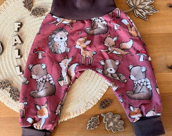 Baby Harem Pants Forest Animal Team – Hand-sewn children's pants made from cat's gold fabric