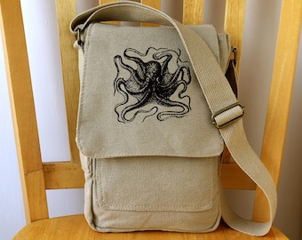 Bolso bandolera para tablet con diseño de pulpo: Bolso de lona estampado 11x7x2 pulgadas