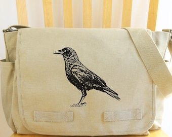 Bolso bandolera de lona con estampado de cuervo, 15 x 11 x 6