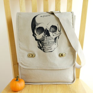 Skull Canvas Messenger Bag: Hand-Printed Anatomical Design
