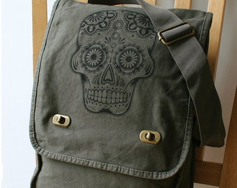 Day of the Dead Sugar Skull Canvas Messenger Laptop Bag - Gift for Men Bag for Women