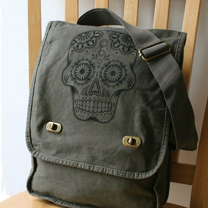 Day of the Dead Sugar Skull Canvas Messenger Laptop Bag Gift for Men Bag for Women image 1