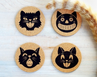 Halloween Cat Coaster Set Hostess Gift Cork