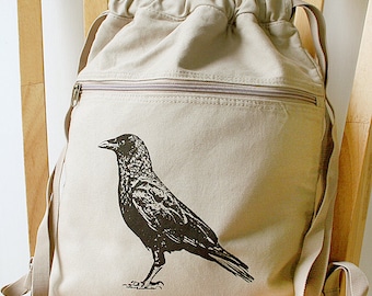 Crow Raven Canvas Screen Printed Backpack Gym Bag Laptop Bag - Gift for Crow Lover