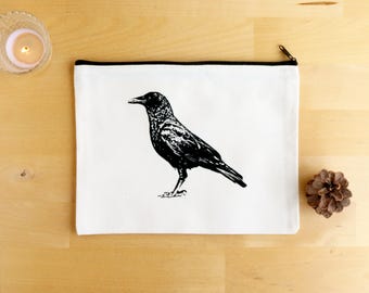 Crow Raven Zipper Pouch Canvas Makeup Bag 9"x 7"
