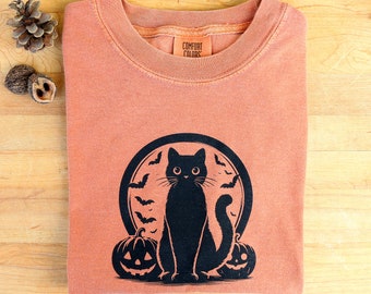 Camiseta de Halloween de gato negro en colores cómodos