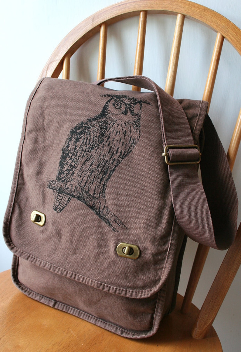 Owl Field Bag Canvas Screen Printed image 1