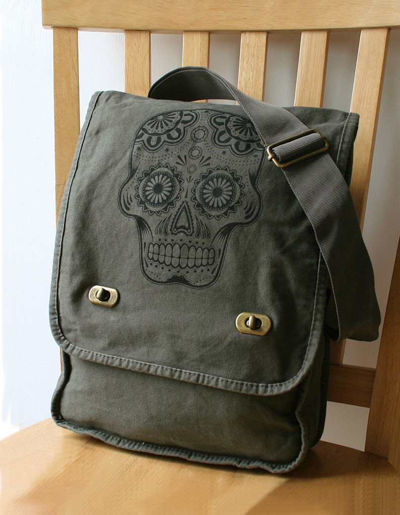 Day of the Dead Sugar Skull Canvas Messenger Laptop Bag Gift for Men Bag for Women image 1