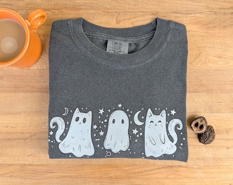 Ghost Cat Halloween Shirt Graphic Tee Comfort Colors