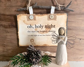 Handmade, Christmas "Oh Holy Night" Wallhanging - Altered Vintage Book Cover Wall Art - Rustic Christmas - Repurposed Vintage - Decor - Gift