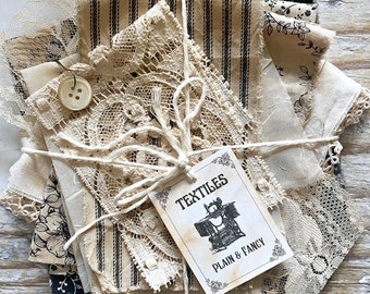 Mixed Fabric and Lace "Plain & Fancy" Ephemera Bundle - Coffee Dyed Ephemera - Neutral/Black and Beige - Vintage Lace, Trim, Fabric Bundle