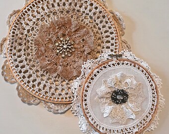 Set of 2 Vintage Hoops Handmade Lace Assemblage Wall Art w/Rhinestone Pins - Vintage Assemblage Wall Decor - Hoop Art - Decor Set - Gifts