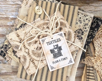 Mixed Fabric and Lace "Plain & Fancy" Ephemera Bundle - Coffee Dyed Ephemera - Neutral/Black and Beige - Vintage Lace, Trim, Fabric Bundle