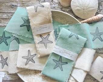 1 Yard Stamped Starfish Torn Fabric Ribbon - By the Shores Ocean Inspired Ribbon - Hand Stamped Ribbon - Torn Frayed Fabric Strips - Gifts