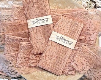 Vintage Coffee Dyed Pink Lace Trim - 1 Yard Antiqued Lace Trim for Crafts and Junk Journals - Altered Vintage Ephemera - Lace Ribbon - Trims