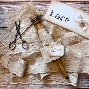 5 yards of Vintage Coffee Dyed Lace Trim, Vintage Wood Spool & Handmade "Lace" Vintage Style Flashcard Gift Set - Crafts - Junk Journals