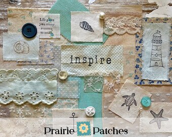 20+ Piece Prairie Patches "By the Shores" Assorted Coastal Inspired Scrap Fabrics, Laces, Notions & Ephemera - Fabric De-stash Ephemera Pack