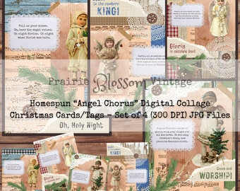 Homespun numérique "Angel Chorus" - Cartes/Tags de Noël collage numérique - Ensemble de 4 images JPG - Téléchargement instantané - Cartes de Noël numériques