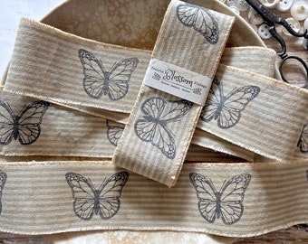 1 Yd. Stamped Butterflies on Torn Blue Ticking Fabric Ribbon Strips - Coffee Dyed Ribbon - Frayed Primitive Journal Craft Ribbon - Gifts