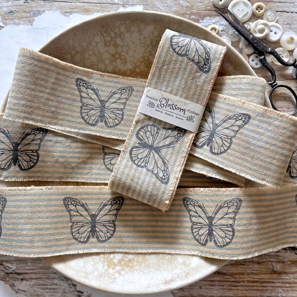 1 Yd. Stamped Butterflies on Torn Blue Ticking Fabric Ribbon Strips - Coffee Dyed Ribbon - Frayed Primitive Journal Craft Ribbon - Gifts