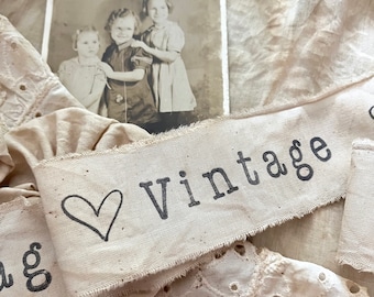 1 Yard of Ink Distressed Hand Stamped Muslin Ribbon - Torn Fabric Ribbon - Stamped "Vintage" Journal Ribbon - Stamped Word Snippets