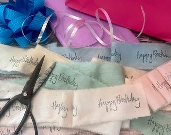 1 Yard "Happy Birthday" Hand Stamped Fabric Ribbon - Vintage Style Torn Muslin Ribbon - Primitive Gift Wrap - Birthday  Decorative Ribbon