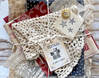 Mixed Fabric "Plain & Fancy" Ephemera Bundle - Primitive Americana - Vintage Ephemera - Coffee Dyed Ephemera - Lace, Trim, Fabrics Bundle