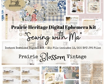 Digital "Sewing with Ma" Prairie Heritage Printable Bundle - Little House on the Prairie Inspired Journal Ephemera Printables - Zip File