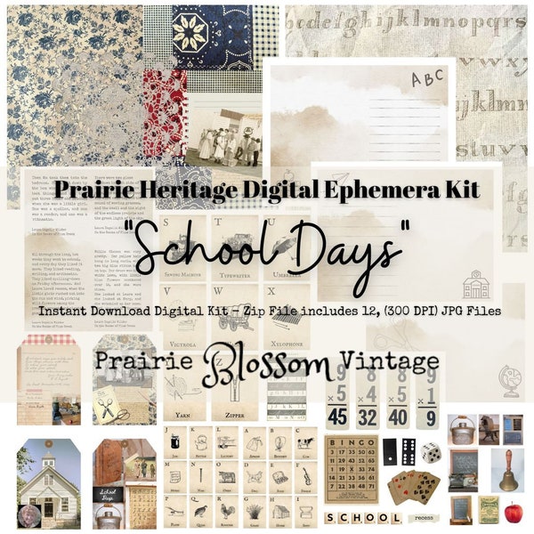 Paquete de efímeras imprimibles "Días escolares" digitales Prairie Heritage - Kit de efímeras digitales inspirado en Little House on the Prairie - Archivo zip