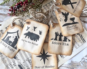 Primitive Christmas Gift Tags Set - 6 Coffee Dyed Tags - Christmas Silhouette Tags - Christmas Carols - Paper Gift Tags - Primitive - Gifts