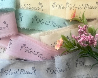 Hand Stamped Easter Ribbon – "He is Risen" Fabric Strips, Antiqued Pastel Decor