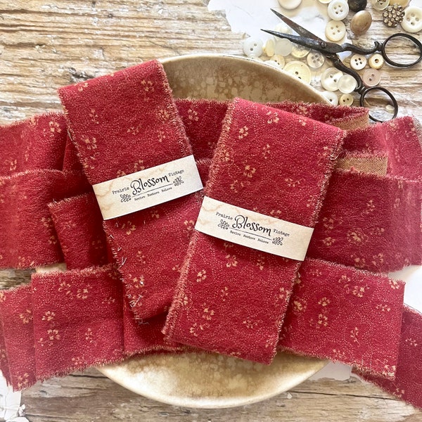 1 Yd Dark Red Floral Torn Fabric Ribbon - Coffee Dyed Ribbon - Primitive - Americana - Craft Journal Ribbon - Torn Fabric Strips - Gifts