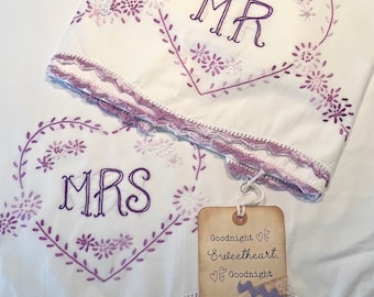 Vintage Embroidered "His & Hers" Pillowcase Set - Purple Embroidered Pillowcases - Vintage Linens Gift Set - Valentines Day - Wedding Gifts