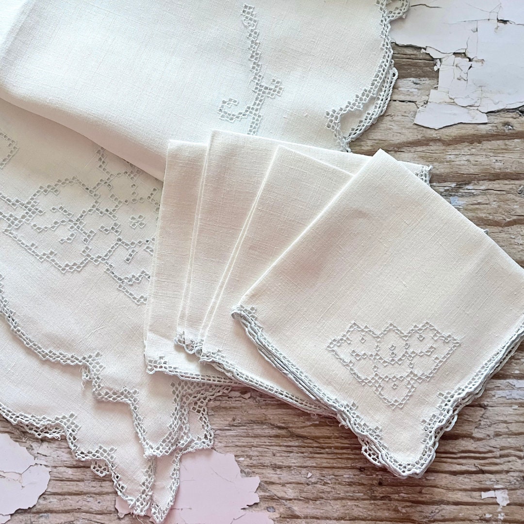 Vintage White Linen Square Tablecloth With Pastel Blue Cut Lace Embroidered Trim and Matching