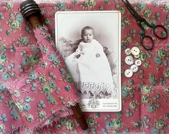 Vintage Feed Sack Ribbon - Salmon Pink Floral Frayed Fabric (1 Yard) - Hand Dyed & Distressed