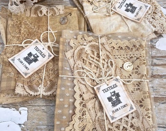 Mixed Fabric "Plain & Fancy" Ephemera Bundle - Coffee Dyed Vintage Ephemera - Neutral Tans/Beige - Vintage Lace, Trim, Fabric Crafts Bundle