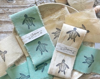 1 Yard Stamped Sea Turtle Torn Fabric Ribbon - By the Shores Ocean Inspired Ribbon - Hand Stamped Ribbon - Torn Frayed Fabric Strips - Gifts