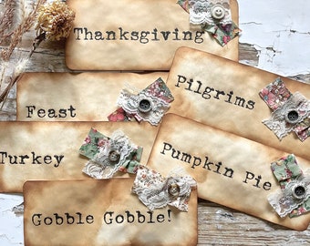 Set of 6 Handmade Vintage Style Thanksgiving Word Flash Cards - Journal Cards - Shabby Chic - Coffee Dyed Flash Cards - Fall Decor - Gifts