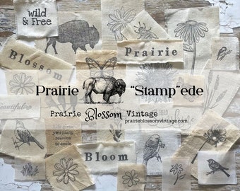 20+ Piece Prairie Stampede "Prairie-Land" Stamped Fabric Images Pack - Hand Stamped Muslin Snippets - Nature Stamped Ephemera Pack - Gifts