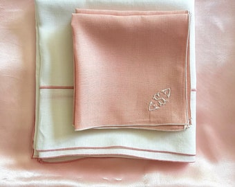 Vintage Pink Satin Tablecloth, Topper and 4 "S" Monogrammed Napkins Set - Vintage Table Linens Set - Pink Table Linens - Monogrammed Linens