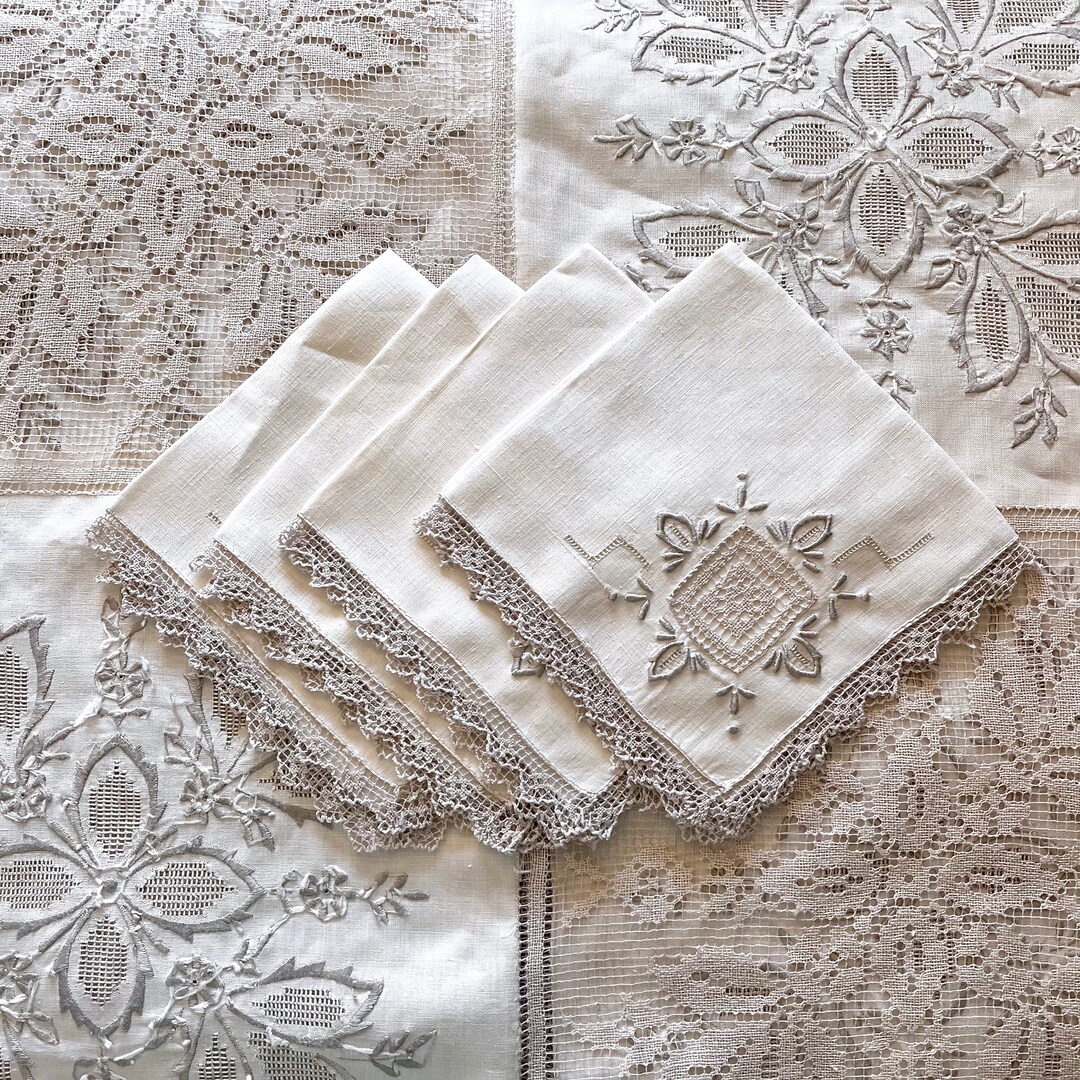 Vintage Hand Embroidered Linen and Lace Square 44 Tablecloth Etsy