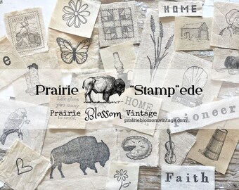 20+ Piece Prairie Stampede "Primitive Pioneer" Stamped Fabric Images Pack - Hand Stamped Muslin Snippets - Stamped Ephemera Pack - Gifts